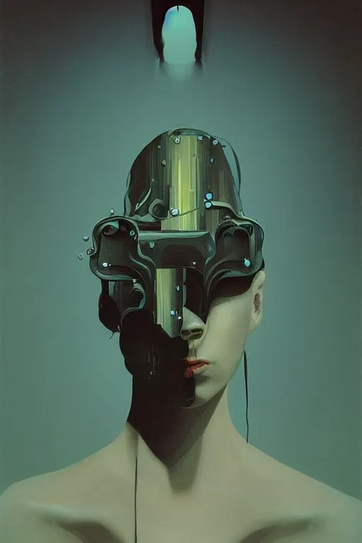 Image similar to woman wearing oculus and digital glitch head edward hopper and james gilleard, zdzislaw beksisnski, higly detailed