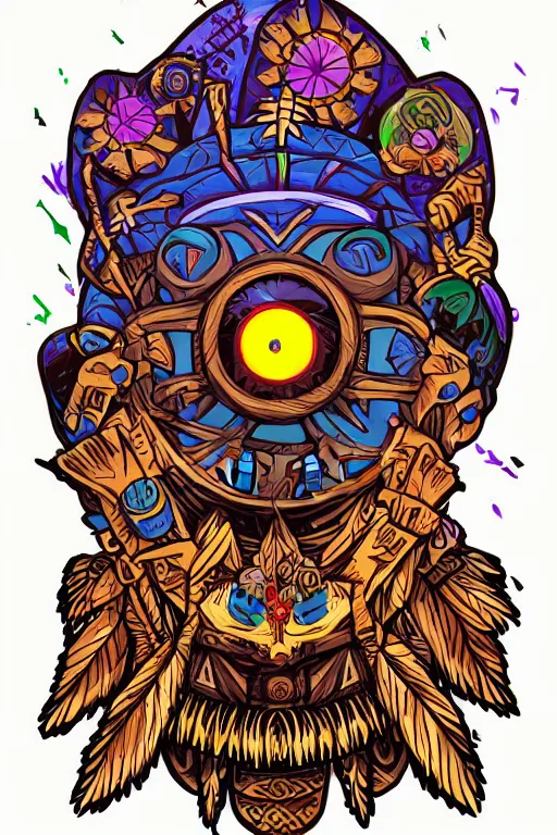 Image similar to totem majora's mask tribal feather gemstone plant wood rock shaman vodoo video game vector illustration vivid color borderlands by josan gonzales and dan mumford radiating a glowing aura