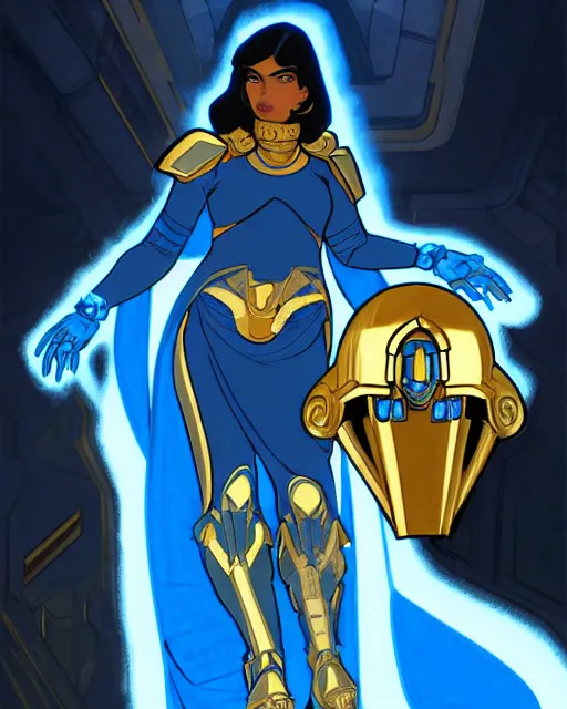 Image similar to a pharah made of blue crystal with a golden mask and helmet hovers ominously in the air inside a high - tech tomb, comic cover painting, masterpiece artstation. 8 k, sharp high quality artwork in style of wayne reynolds, alphonse mucha, arthur adams, greg rutkowski, and don bluth, concept art by jack kirby