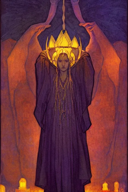 Image similar to child of darkness with his crown and lantern, by Nicholas Roerich and Annie Swynnerton and and jean delville, dramatic cinematic lighting , ornate headdress , flowing robes, sacred artifacts, lost civilizations, smooth, sharp focus, extremely detailed