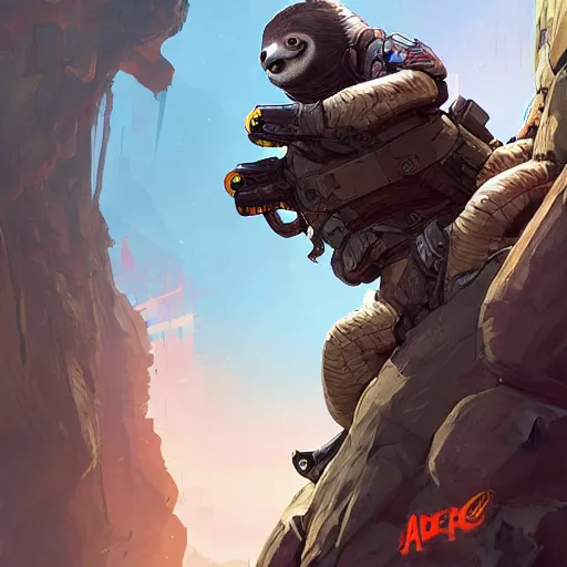 Prompt: lazy sloth as apex legends character, digital illustration portrait design, by android jones and greg rutkowski, retrowave color scheme, detailed, cinematic lighting, wide angle action dynamic portrait