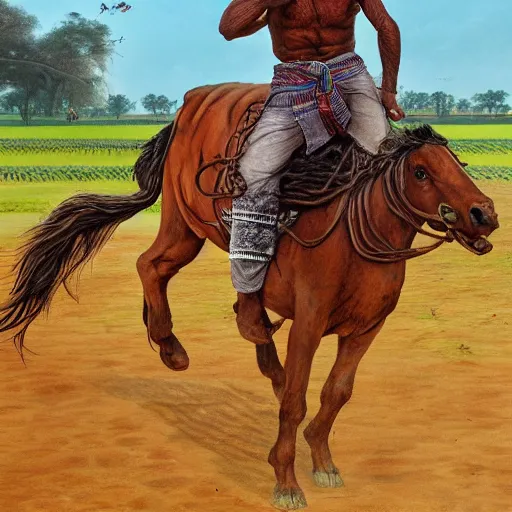 Image similar to portrait of head and body, single bangla farmer fighting on hoseback, hand to hand combat with machete, full body view, long flowing hair, fighting for his life, nebula aura surrounding subject, horseback combat attacker foreground, background of invading army, nestor canavarro hyperrealist art style, sharp outlines