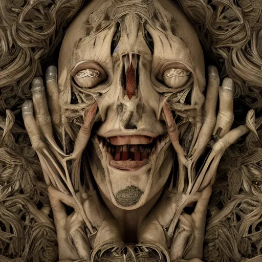 Image similar to faces coming out of a faces, fingers coming out of fingers, toe fingers, vanes and bones, hyperdetailed, intricate patters, octane render, 8 k