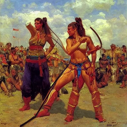 Image similar to muscular warrior women, reply of the zaporozhian cossacks, warrior women, art by ilya repin