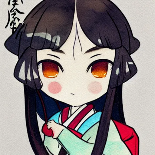 Image similar to beautiful water color concept art of face detailing cute nendoroid girl in the style of ukiyoe , toon rendering, close-up, no shade, modern art