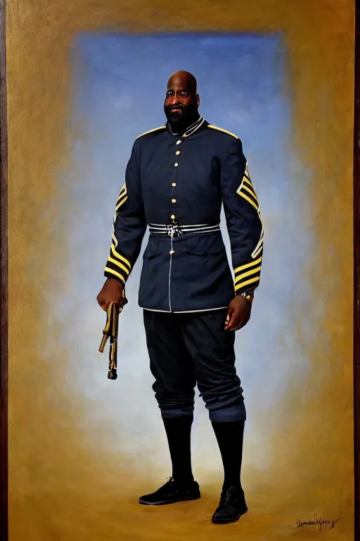 Image similar to full body portrait of shaquille o'neil as the dictator of the orlando magic, 1 8 8 9, in full military garb, magic blue, silver, and black, oil on canvas by william sidney mount, trending on artstation