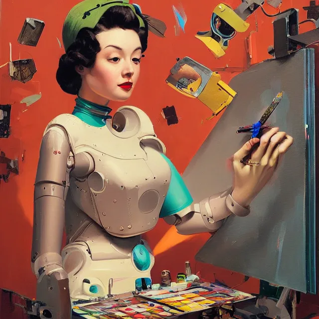 Image similar to robot artist painting a self - portrait on a canvas. intricate, highly detailed, digital matte painting, in the style of sachin teng, and in the style of gil elvgren. irony, recursion, inspiration.