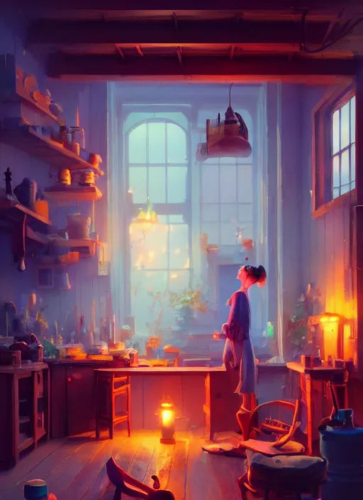 Prompt: beautiful interior of a cozy woodworker shop, james gilleard, delphin enjolras, goro fujita, makoto shinkai, paul lehr, exquisite lighting, octane render, very coherent, trending on artstation