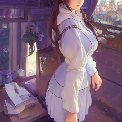 Prompt: a young woman in maid uniform by Stanley Artgerm Lau, WLOP, Rossdraws, Guweiz, James Jean, Andrei Riabovitchev, Marc Simonetti, and kyoani, krenz cushart, pixiv, background by James Jean and gustav klimt and John Marshall Gamble, 4k, volumetric lighting, french nouveau, trending on artstation, octane render, hyperrealistic