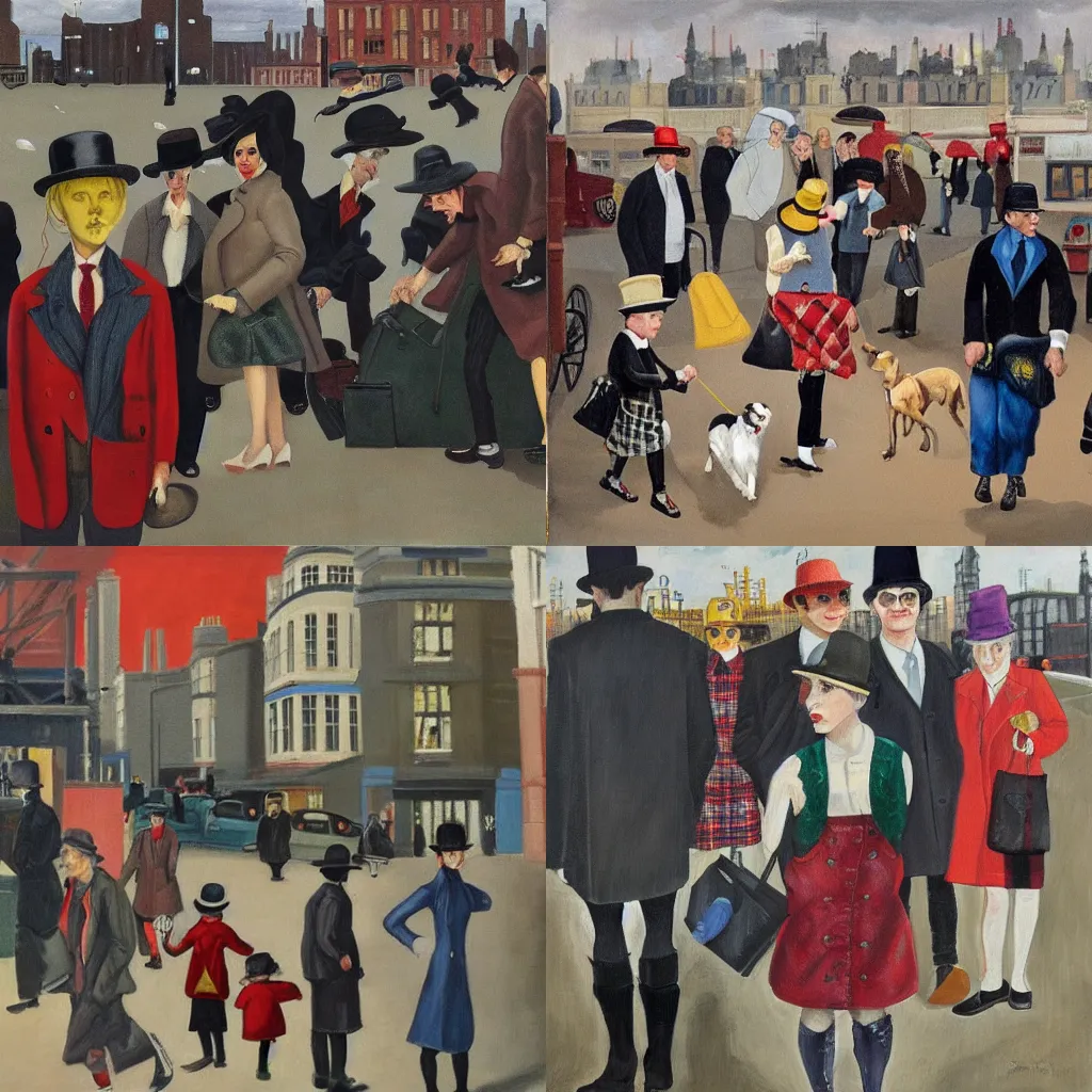 Prompt: oil painting of Mornington Crescent, Rain in the southeast, Men wearing bowler hats, Kids with spats on their shoes, Ladies with chauffeurs, Dogs wearing hats and jackets, Rich apartments, Old punk posters, Tartan garments, by paula rego