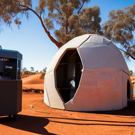 Prompt: robotic 3d printer printing a domed house frame in the australian desert, supervised by a group of three women, XF IQ4, 150MP, 50mm, F1.4, ISO 200, 1/160s, dawn