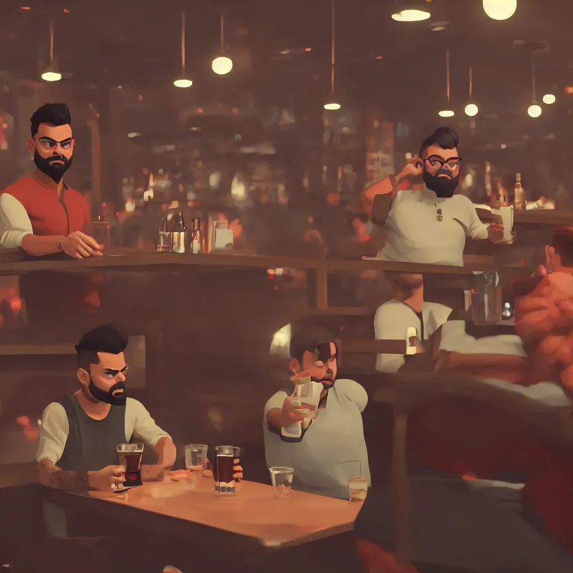 Image similar to virat kohli in a bar, with a huge belly, drinking heavily, cinematic, ultrarealistic, 8 k, unreal engine, by atey ghailan, artstation