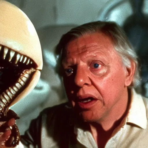 Image similar to cinematic still of sir david attenborough holding a xenomorph larva in awe in 1 9 7 9 movie alien, hd, 4 k