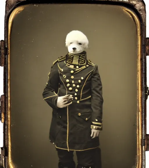 Image similar to professional studio photo portrait of anthro anthropomorphic albino german shepard head animal person fursona serious wearing elaborate military general uniform clothes degraded medium by Louis Daguerre daguerreotype tintype