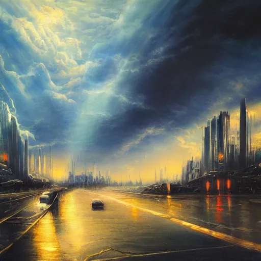 Image similar to oil painting of a futuristic city near to a big lake, dramatic storm clouds, dusty street, sunrays, dramatic, very very very beautiful art, cinematic lighting, romanticism by goya, bright pastel color, blue sky