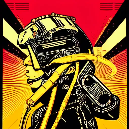 Image similar to Illustrated by Shepard Fairey and H.R. Geiger | Cyberpunk Samurai with VR helmet, surrounded by cables