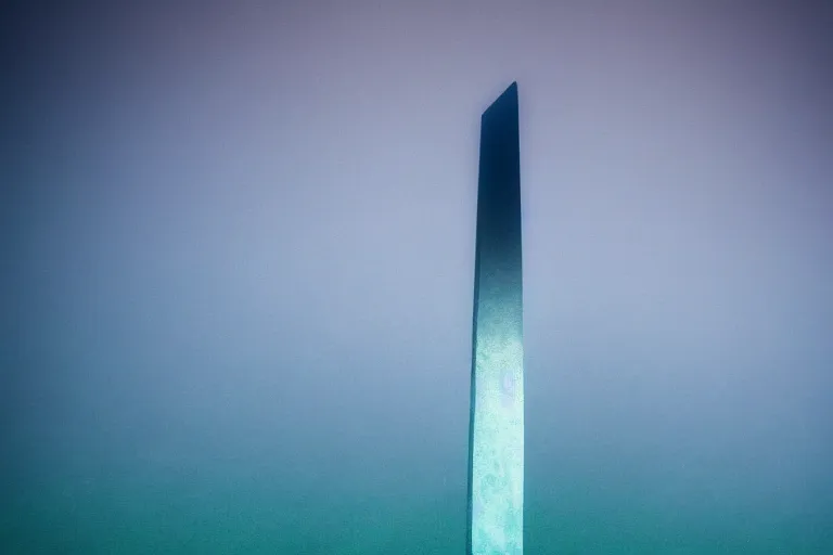 Image similar to a ominous floating obelisk underwater, photo-realistic, colorful, dark, smog, complex, shot by a camera,