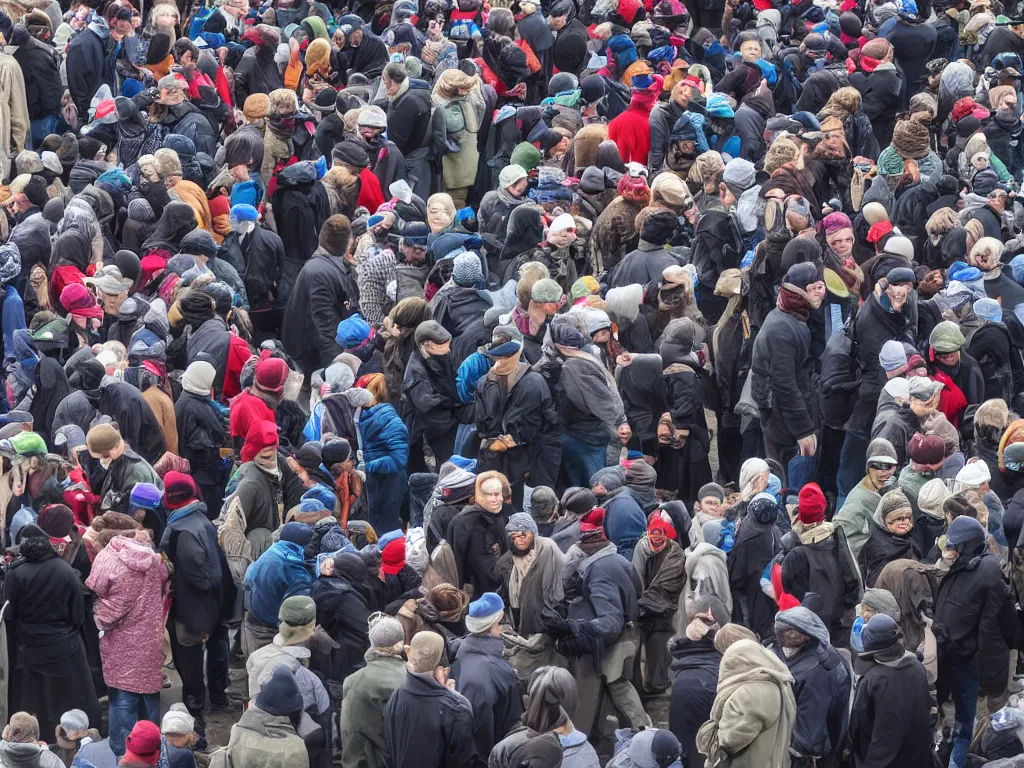 Image similar to People standing in line to put on a hat under armed guard, 4k