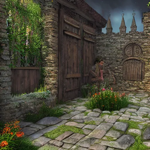 Prompt: medieval mystery garden very detailed unreal engine volumetric light hyper realistic art station