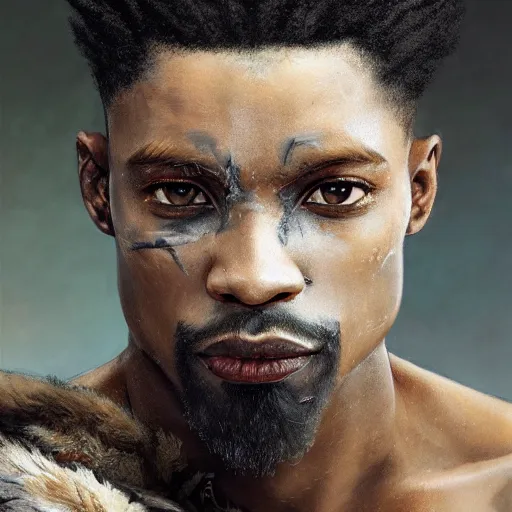 Image similar to portrait painting of a beautiful black man with cut scars and cropped hair wearing a tattered fur coat, ultra realistic, concept art, intricate details, eerie, highly detailed, photorealistic, octane render, 8 k, unreal engine. art by artgerm and greg rutkowski and charlie bowater and magali villeneuve and alphonse mucha