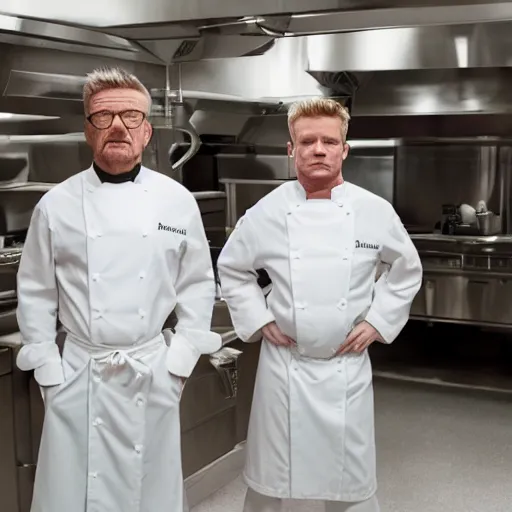 Prompt: walter white in a stareoff with gordon ramsay, high quality image