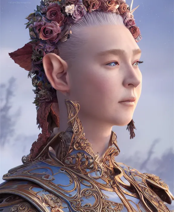 Prompt: a beautiful and highly detailed digital portrait of a dignified elf with long blue windswept hair in a rose gold breastplate by artgerm, nina tryggvadottir, and lu ji, centered, artsation contest winner, cgsociety, fantasy art, cryengine, concept art, photorealism, daz 3 d, sketchfab, zbrush, vray