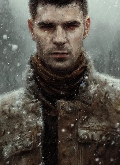 Image similar to portrait of a man wearing an winter coat, rugged, military, highly detailed, fantasy, godrays, cinematic lighting, close up, volumetric, realistic, digital art by greg rutkowski