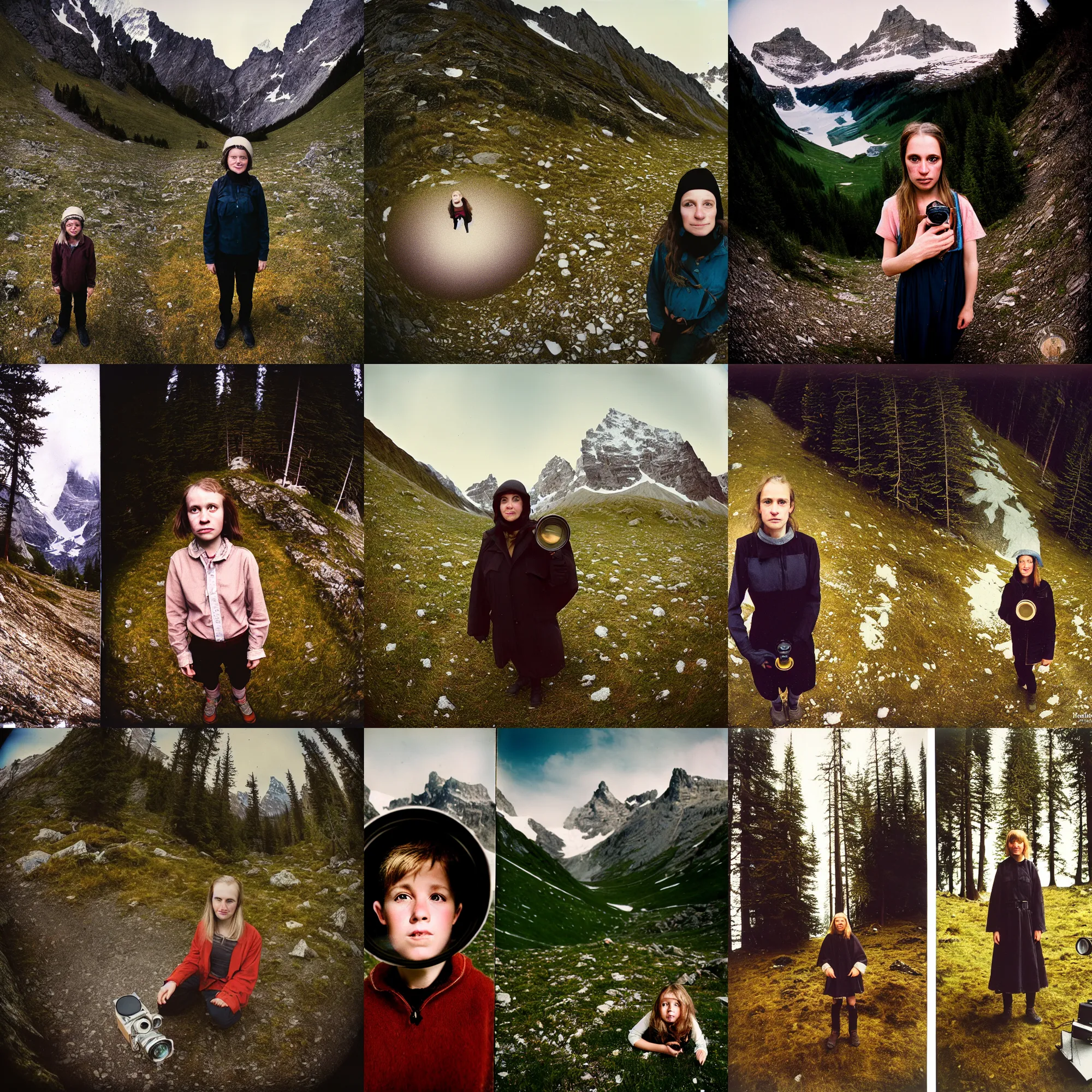 Prompt: kodak portra 4 0 0, wetplate, flashlight, 8 mm extreme fisheye, award - winning portrait by britt marling of heidi meets almohi for the first time at mountain meadow in swiss alps, muted colours