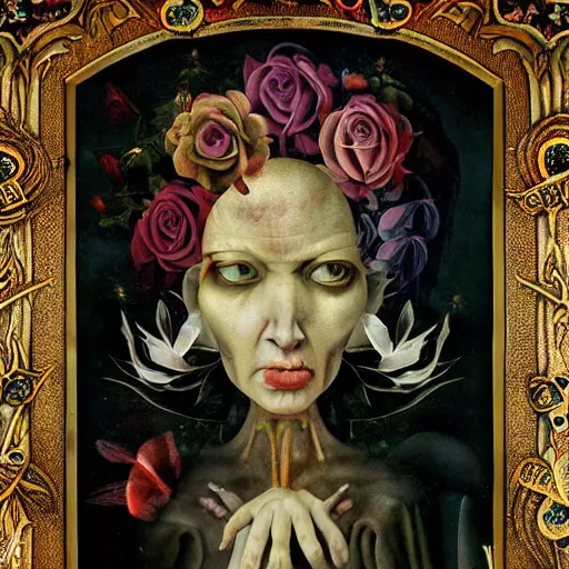 Image similar to semi - realistic weird and scary beautiful metaphysical portrait gothic style in style of hieronymus bosch anne stoke sharp focus 8 k holografic roses