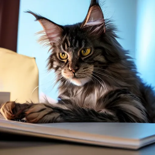 Image similar to my maine coon cat typing up a list of grievances to email to the management about the lack of treats. 3D, Pixar, animated movie still