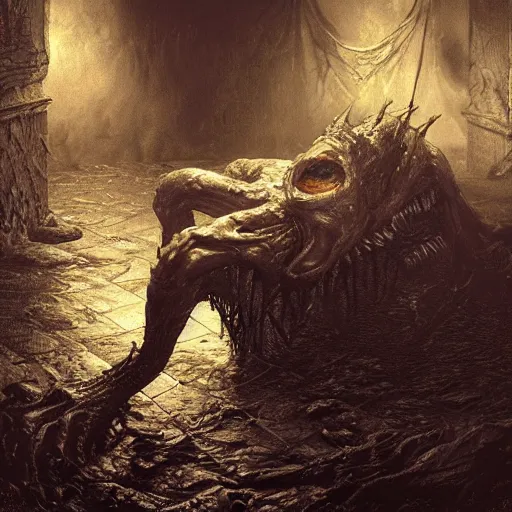 Image similar to photorealistic rendering of eldritch demon from resident evil 7 in the style of michael whelan and gustave dore. hyperdetailed photorealism by greg rutkowski, 1 0 8 megapixels, cinematic lighting.