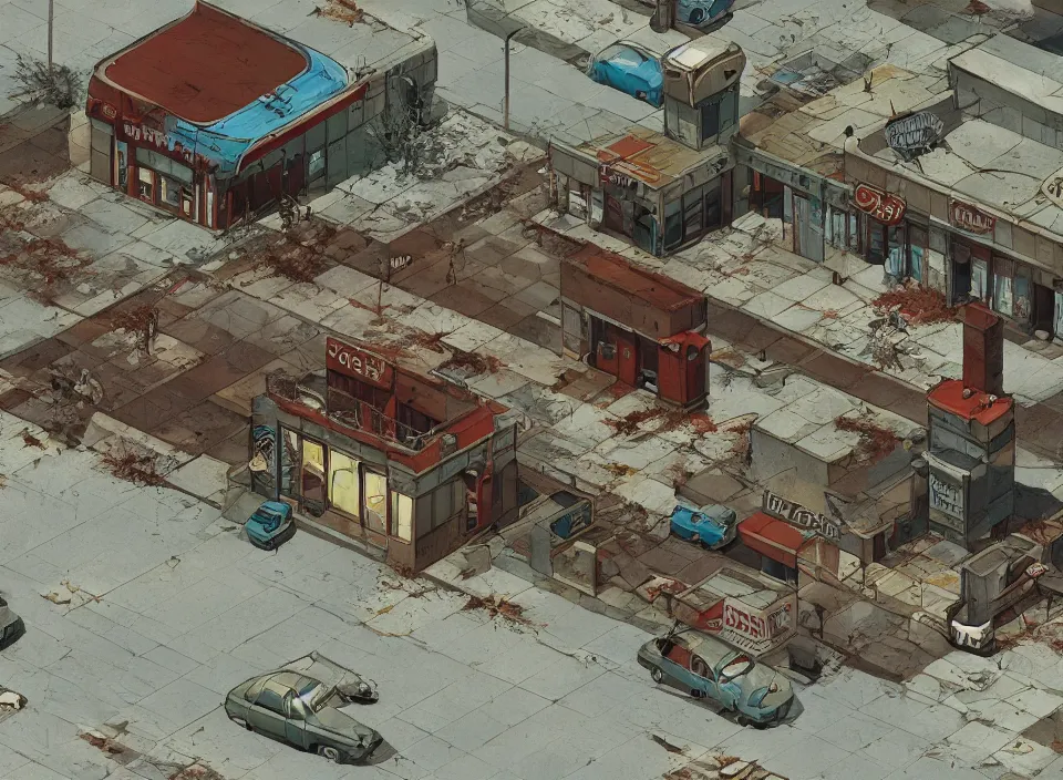 Image similar to Screenshot of the outside of an abandoned rusty McDonald restaurant in Fallout 2 (1998), isometric perspective, postapocalyptic, bird's eye view, prerendered isometric graphics, high quality