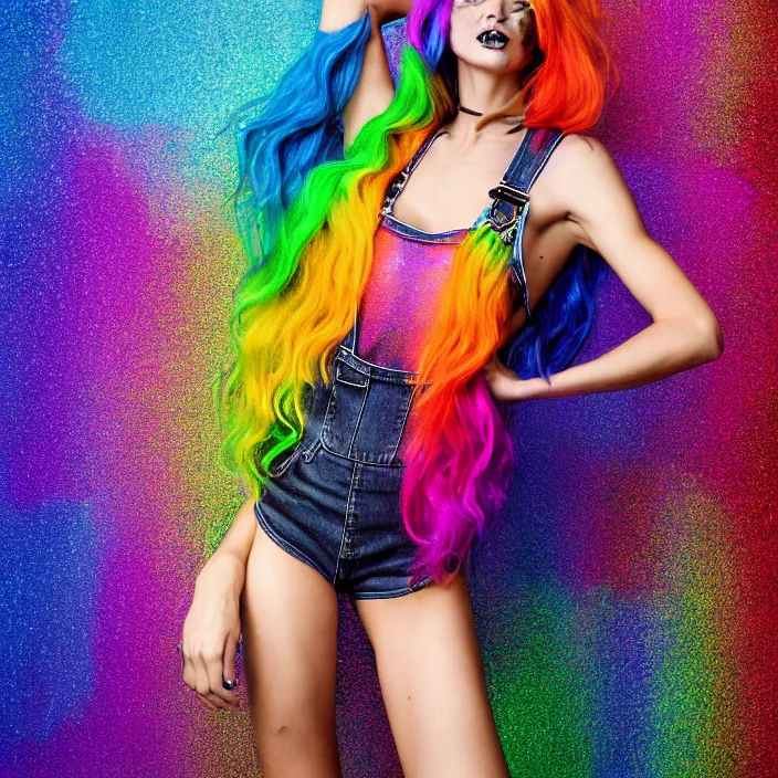 Image similar to fully body pose, photo of a very beautiful!! victoria secret model, skull woman, rainbow hair, overalls, short shorts, fishnets, combat boots, wet t shirt, raining, 8 k, hdr, smooth, sharp focus, high resolution, award - winning photo, trending on artstation, dslr, 5 0 mm