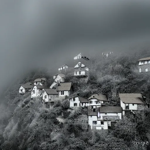 Prompt: village on a steep cliff peak, wide angle, fog layer, foliage, digital art