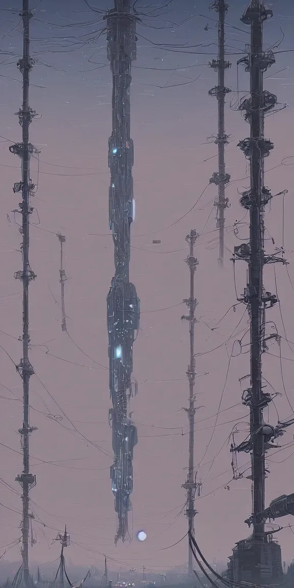 Image similar to tall space elevator with long tendrils, lots of hanging cables and antennas, sci - fi concept art, by john harris, by simon stalenhag, stunning, award winning