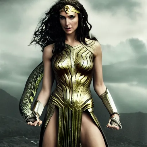 Prompt: Full body photo of the beautiful woman Gal Gadot as Medusa the greek goddess, she has those characteristic snakes coming out of her head, she is looking straight to the camera, she has a glow coming from her, she is getting illuminated for rays of light, behind her is a scary atmosphere, the photo was taking by Annie Leibovitz, matte painting, oil painting, naturalism, 4k, 8k