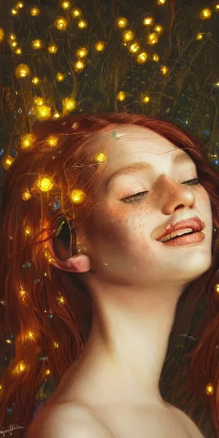 Image similar to young woman, serene smile, surrounded by golden firefly lights, amidst nature fully covered by a intricate detailed dress, long red hair, precise linework, accurate green eyes, small nose with freckles, smooth oval shape face, empathic, expressive emotions, spiritual scene, hyper realistic ultrafine art by artemisia gentileschi, jessica rossier, boris vallejo