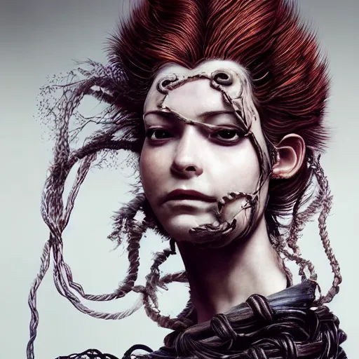 Image similar to portrait of a Shibari rope wrapped face and neck, headshot, insanely nice professional hair style, dramatic hair color, digital painting, of a old 17th century, old cyborg merchant, amber jewels, baroque, ornate clothing, scifi, realistic, hyperdetailed, chiaroscuro, concept art, art by Franz Hals and Jon Foster and Ayami Kojima and Amano and Karol Bak,