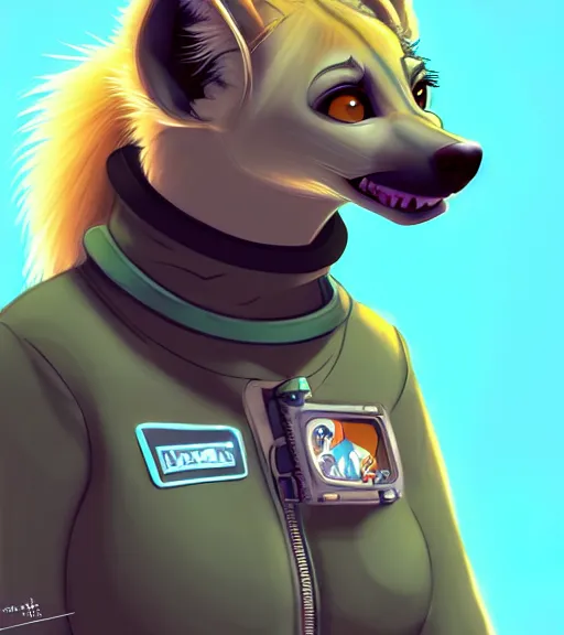 Image similar to digital detailed art of furry female hyena, in style of zootopia, fursona, furry, furaffinity, deviantart, wearing astronaut outfit, floating in space, space background, hyena fursona, cyberpunk, female, detailed face, style of artgerm,