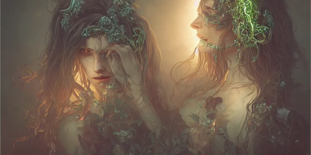 Image similar to scary plant people with tendrils, ominous, intense lighting, light beams, lens flare, intricate, elegant, highly detailed, digital painting, artstation, concept art, smooth, sharp focus, illustration, art by artgerm and serpentigena and alphonse mucha