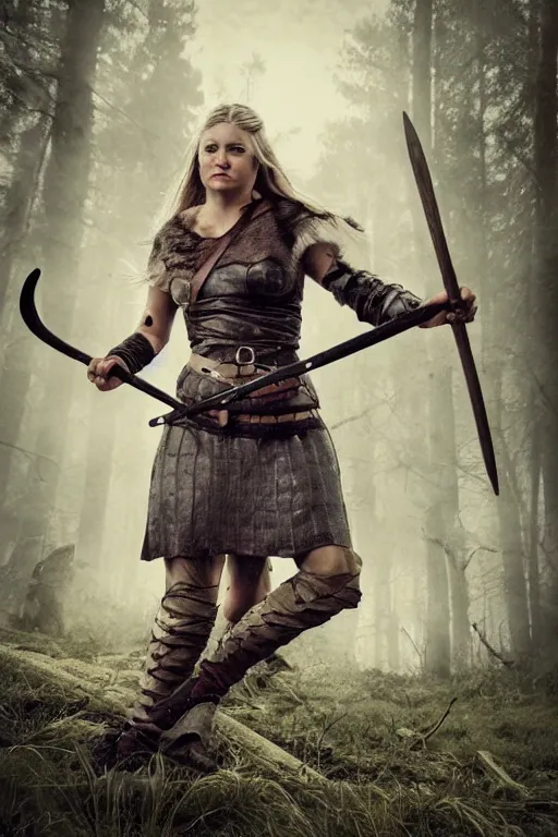 Prompt: female Viking warrior, dynamic pose, attacking with an axe. Illustration, poster art, filmic, swamp, sharp. 8k.