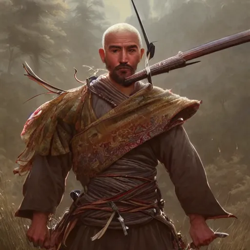 Image similar to Hyper realistic detailed portrait of Kurdish samurai, Stephen Bliss, unreal engine, fantasy art by Greg Rutkowski, Loish, Rhads, ferdinand knab, Makoto Shinkai and Lois van baarle, ilya kuvshinov, rossdraws, Tom Bagshaw, alphonse mucha, global illumination, radiant light, detailed and intricate environment, highly detailed, award winning art