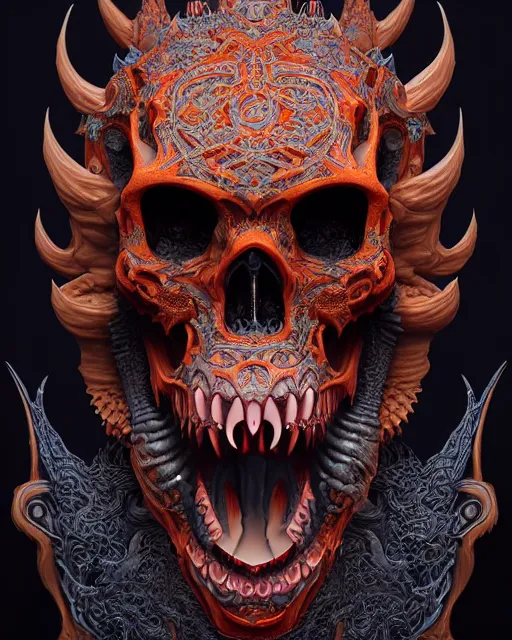 Image similar to 3 d ornate carved dracula with tattoos profile portrait, sigma 5 0 0 mm f / 5. beautiful intricate highly detailed quetzalcoatl skull. bioluminescent, plasma, lava, ice, water, wind, creature, thunderstorm! artwork by tooth wu and wlop and beeple and greg rutkowski, 8 k trending on artstation