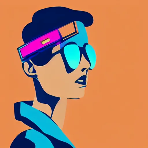 Prompt: a woman with light blue shutter shades in front of a sunset, a dark brown leather jacket, one side brown haircut with blue ends, vector art by jan tengnagel, pixabay contest winner, retrofuturism, retrowave, synthwave, outrun, portrait,