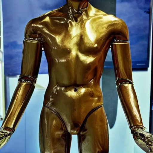 Image similar to “a realistic detailed photo of a guy who is an attractive humanoid who is half robot and half humanoid, who is a male android, British diver Jack Laugher, shiny skin, posing like a statue, blank stare, at the museum, on display”