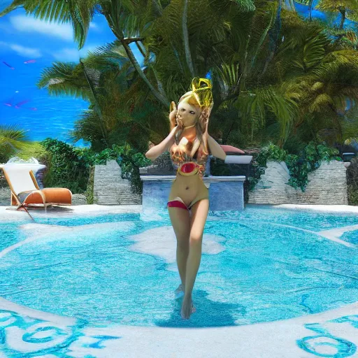 Image similar to pool party seraphine (League of Legends) starting into the caribbean horizon. hyperreal 3d octane render 8k