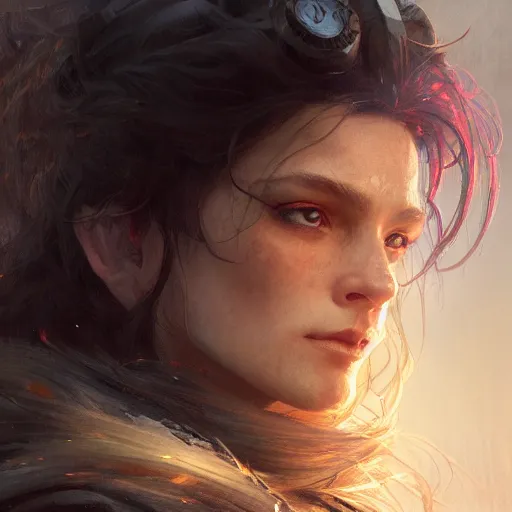 Image similar to closeup portrait of an artificer, dungeons and dragons character, dramatic lighting, female warrior, beown hair, castle background, gorgeous view, realistic, high detail, digital art, painted by greg rutkowski, painted by jeremy mann, painted by alphonse mucha, trending on artstation