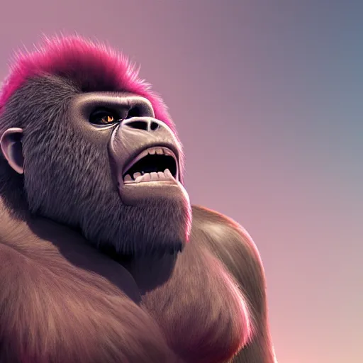 Image similar to angry tough gorilla, punk gorilla with mohawk hair. interesting 3 d character concept by tiger hkn and gediminas pranckevicius, maplestory, game art, hyper detailed, character modeling, cartoon, cinematic, ray tracing, fur details, maya, c 4 d