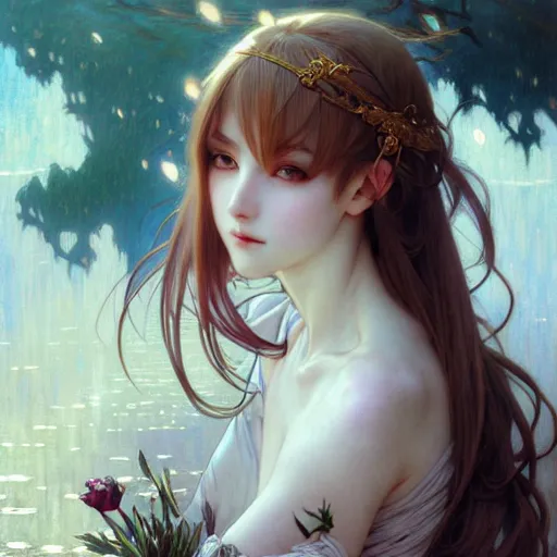 Image similar to anime girl, fantasy, intricate, elegant, dramatic lighting, emotionally evoking symbolic metaphor, highly detailed, lifelike, photorealistic, digital painting, artstation, concept art, smooth, sharp focus, illustration, art by John Collier and Albert Aublet and Krenz Cushart and Artem Demura and Alphonse Mucha