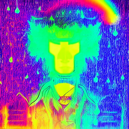 Prompt: neon rainbow samurai ghost of the rain, illustration, glitchart